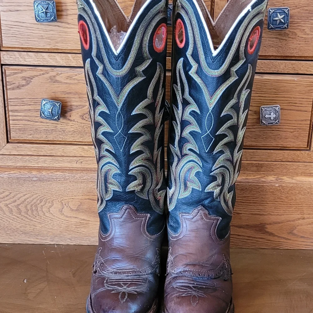 Tony Lama Brown And Black With Fancy Stitching Leather Buckaroo Cowboy Boots - Picture 3 of 6
